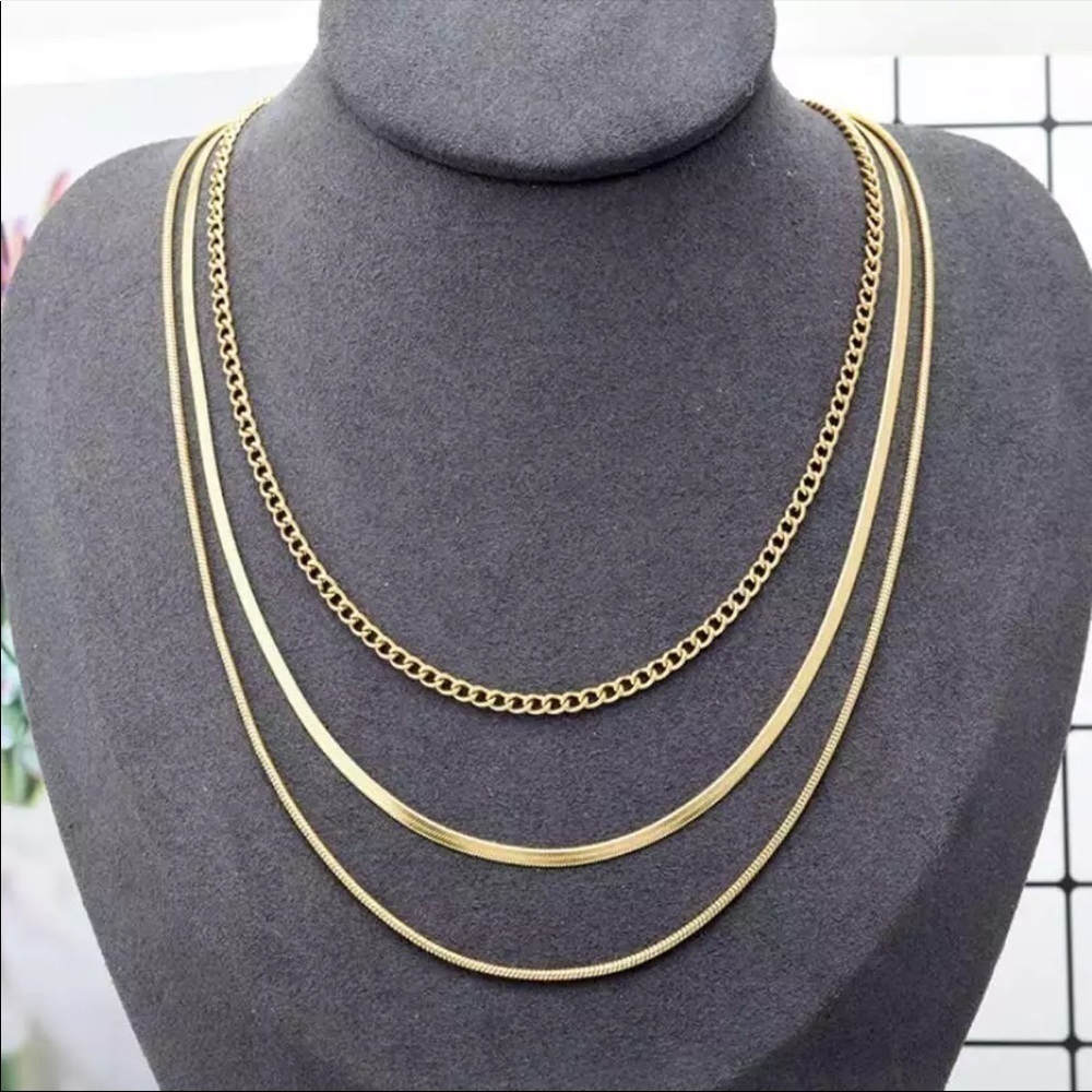 New 18k Gold Plated Triple Layered Necklace Set